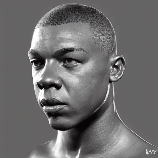 Image similar to sculpture of Kylian Mbappé, digital painting, highly detailed, concept art, Artstation, Cgsociety, by Artgerm, by Alphonse Mucha, by Wlop