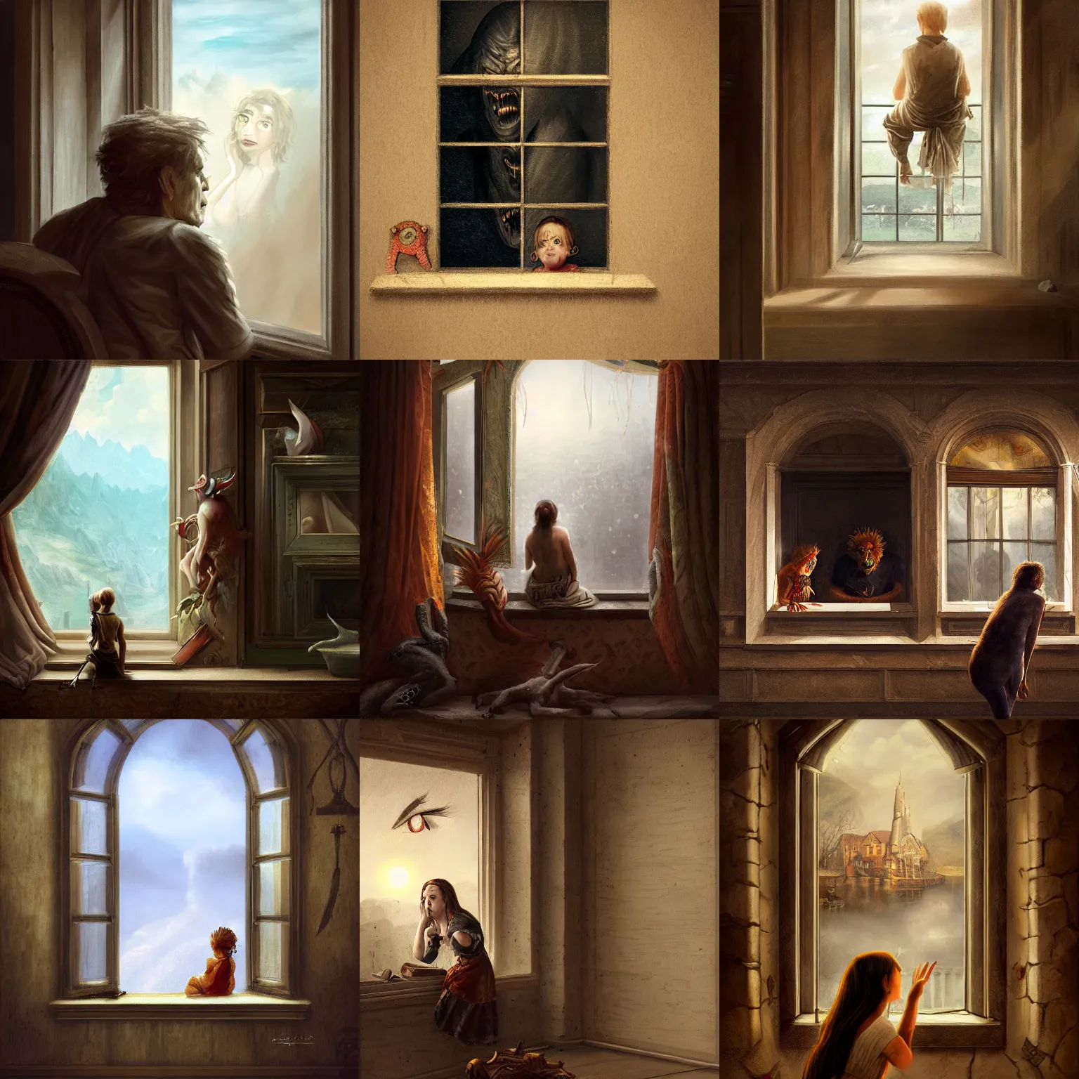 Prompt: illustration of a monster watching in the window, realistic painting, classical painting, high definition, digital art, matte painting, very detailed, realistic