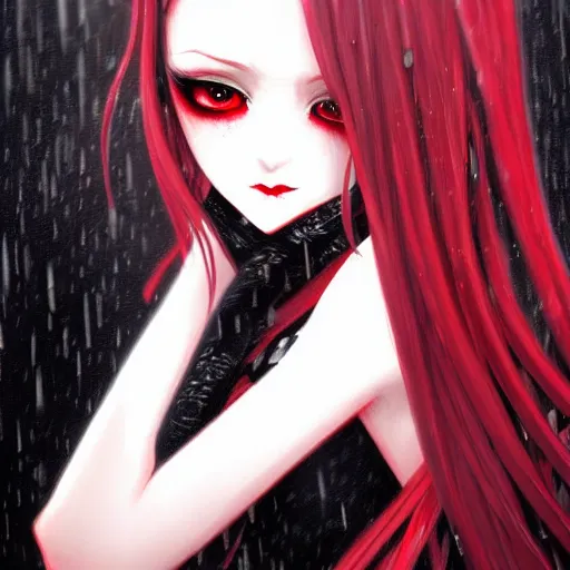 Prompt: beautiful seductive female vampire, in the rain, highly detailed, painting, dark red and black color palette, intricate, high quality anime artstyle, in the style of sana takeda