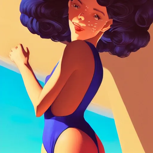 Image similar to portrait of a beautiful girl with dark 1950's style hair dressed in 1950's swimsuit, sunny beach, rich vivid colors, ambient lighting, dynamic lighting, 4k, HQ, official media, anime key visual, makoto shinkai, ilya kuvshinov, lois van baarle, rossdraws, detailed, trending on artstation