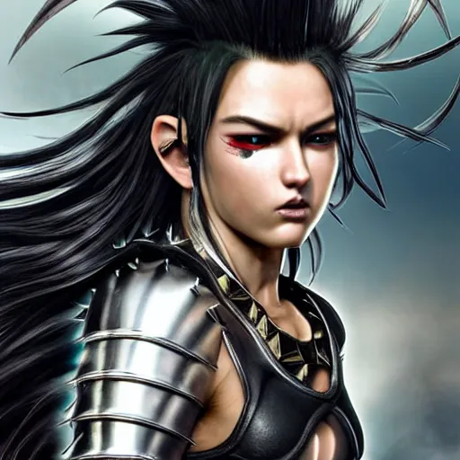 Image similar to warrior girl, muscular girl, wild spiky black saiyan hair, long spiky hair, electrified hair, wearing chrome silver armor and black spandex pants, ultra realistic, intricate details, highly detailed, subsurface scattering, photorealistic, octane render, 8 k, art by artgerm, greg rutkowski, magali villeneuve, alphonse mucha