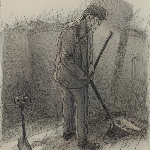 Image similar to a man with a shovel standing next to an open grave with a body in it, subtle blue, orange, and dark green tones, high quality, high detail, dark colors, sinister atmosphere, dramatic lighting, cinematic, establishing shot, extremely high detail, photo realistic, cinematic lighting, pen and ink, intricate line drawings, by Yoshitaka Amano, Ruan Jia, Kentaro Miura, Artgerm, post processed, concept art, artstation, matte painting, style by eddie mendoza, raphael lacoste, alex ross