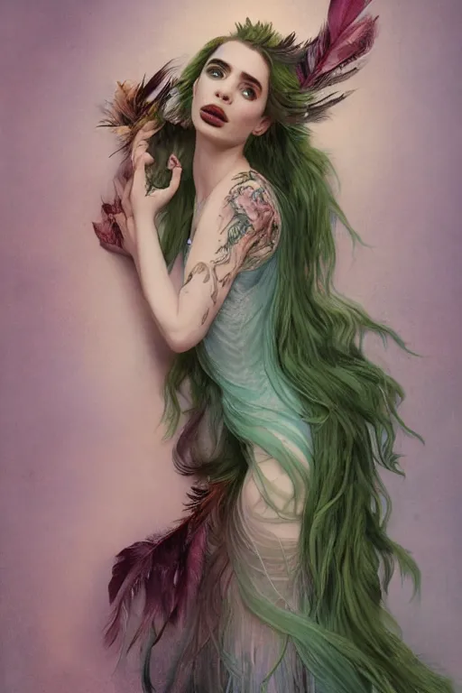 Prompt: ombre fishnet gown, crying queen of feathers, portrait, long green hair, tattered dress, glasses, tattooed pinup, feral languid emma roberts, by greg rutkowski, anato finnstark, alphonse mucha, global illumination, radiant light