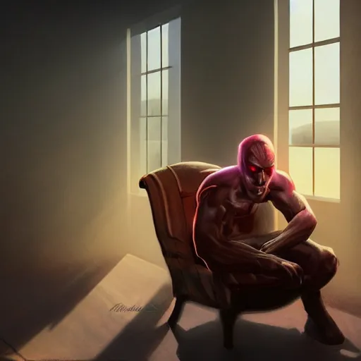 Prompt: half - car - man sitting in a chair in his living room with sunlight pouring in through a window, portrait, fantasy, beautiful face, vivid colors, elegant, concept art, sharp focus, digital art, hyper - realistic, 4 k, unreal engine, highly detailed, hd, dramatic lighting by brom, trending on artstation