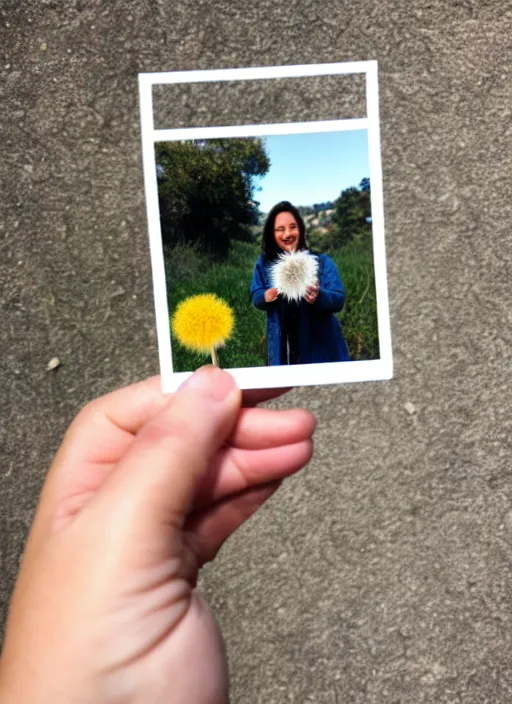 Image similar to instax mini portrait of a woman holding a dandelion in the berkeley hills