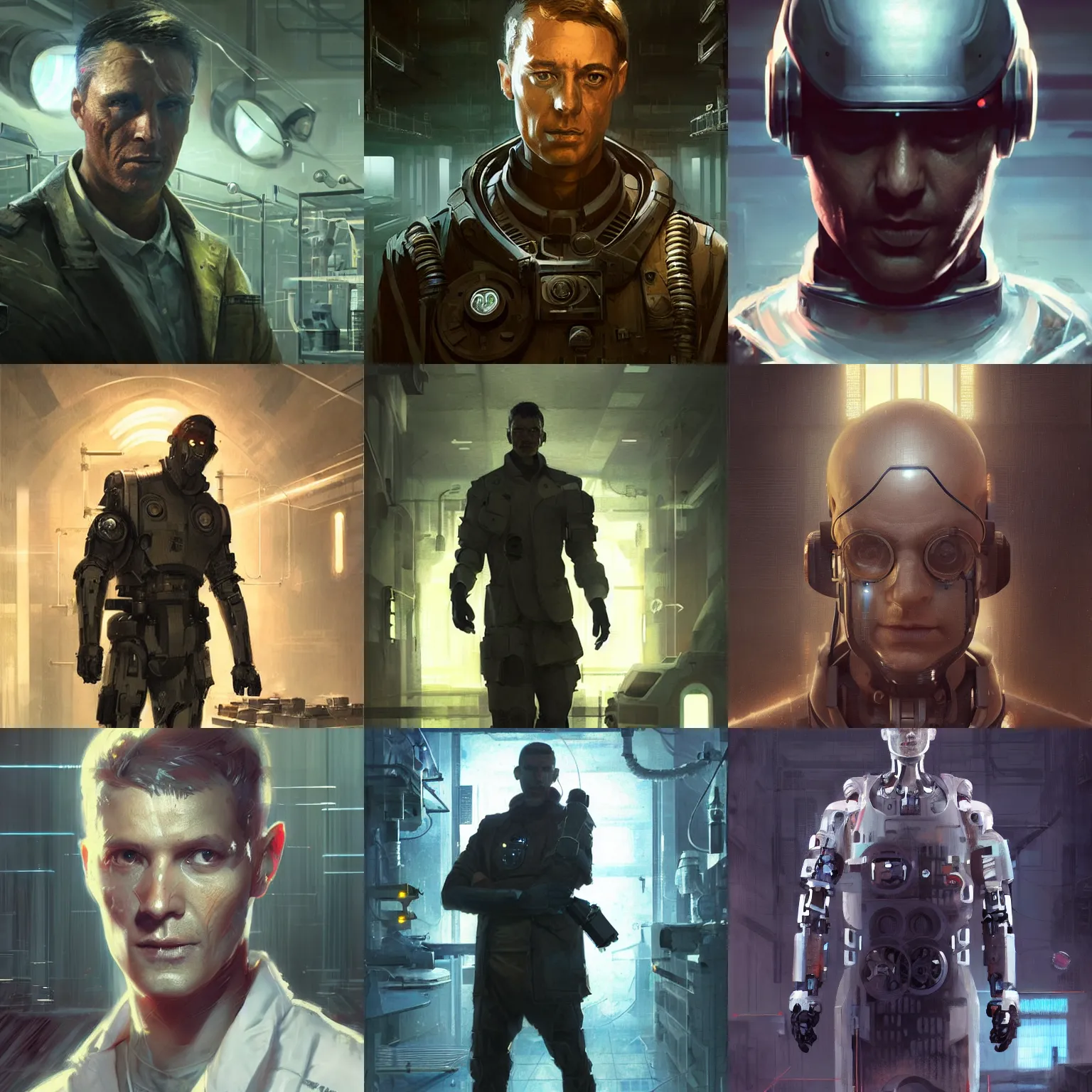 Prompt: a laboratory operator man with cybernetic enhancements, dystopian scifi gear, scifi character portrait by greg rutkowski, craig mullins, cinematic lighting