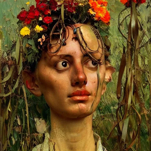 Image similar to a sculpture portrait made of ceramic and metal and flowers and plants, painting part by wojciech siudmak, part by ilya repin, part by max ernst, part by norman rockwell, artstation