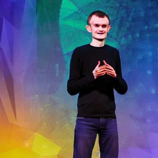 Prompt: Vitalik Buterin as an arcane wizard casting a spell while on stage at a conference, ethereum logo can be seen in the magic - Photo manipulated by DALLE