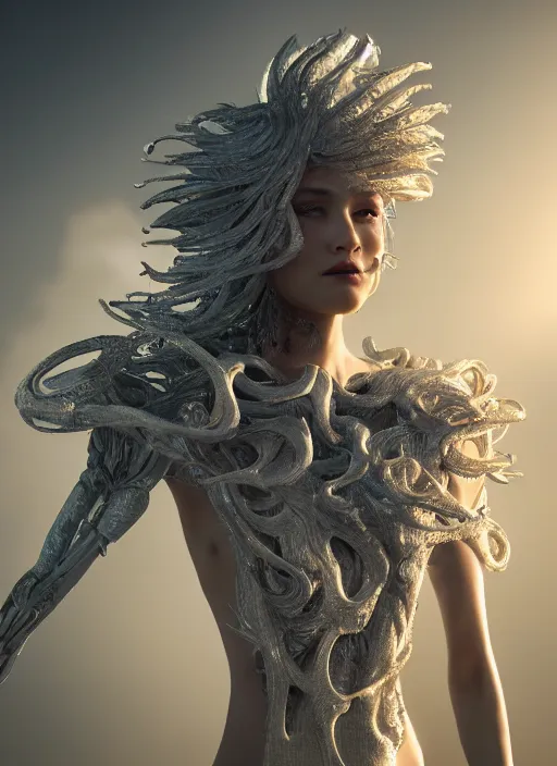 Image similar to beauteous stunning practical sumptuous androgynous biomechanical with incredible hair, crystalline masterpiece incrustations, hyperdetailed face, elegant pose, movie still, intricate accuracy, octane render, cinematic forest lighting, cgsociety, unreal engine, crepuscular rays, god rays