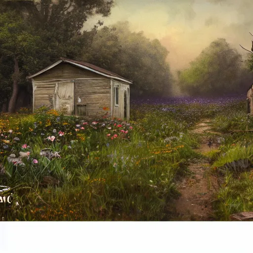 Image similar to a matte painting of a midwestern countryside, shack close up, overgrown, patchy flowers, oil painting, pale colors, high detail, 8 k, wide angle, trending on artstation,