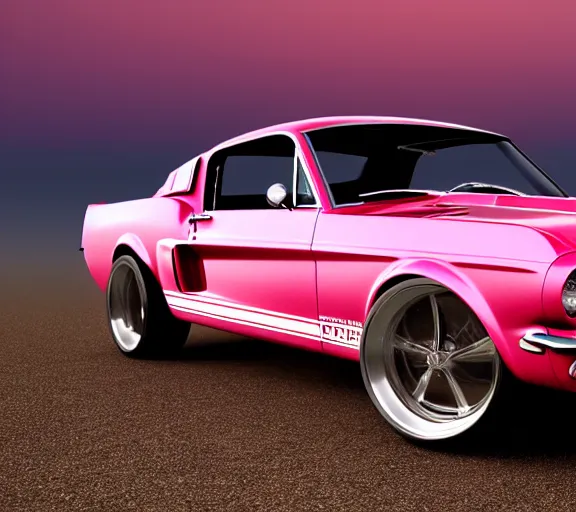 Image similar to shot of 1967 Ford mustang Shelby GT500 in pink color at sunset in front a beach, octane render