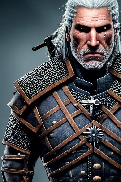 Image similar to portrait of geralt of rivia, 5 5 mm lens, professional photograph, times magazine, serious, stern look