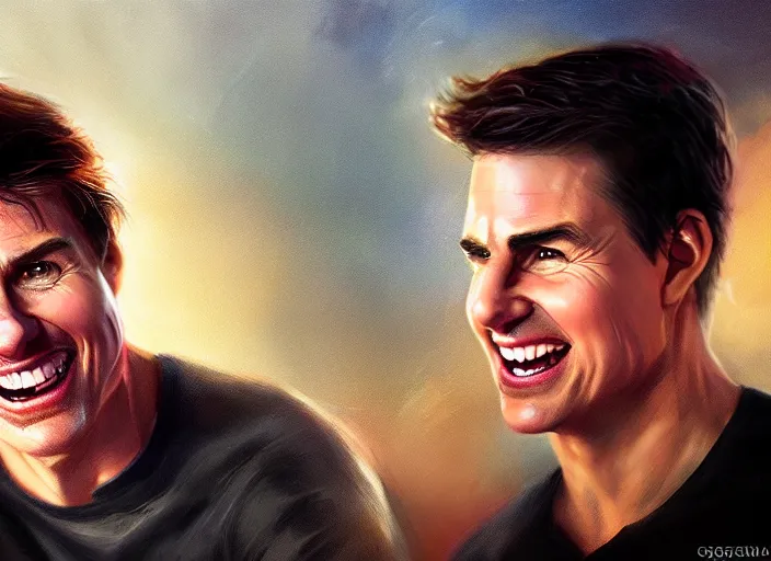 Prompt: hyper realistic tom cruise hanging out with tom cruise at a bar, all overly excited, jaw unhinged with laughter and smiling, all teeth, by greg rutkowski, artgerm, loish, pixar, 4 k, 8 k, masterpiece