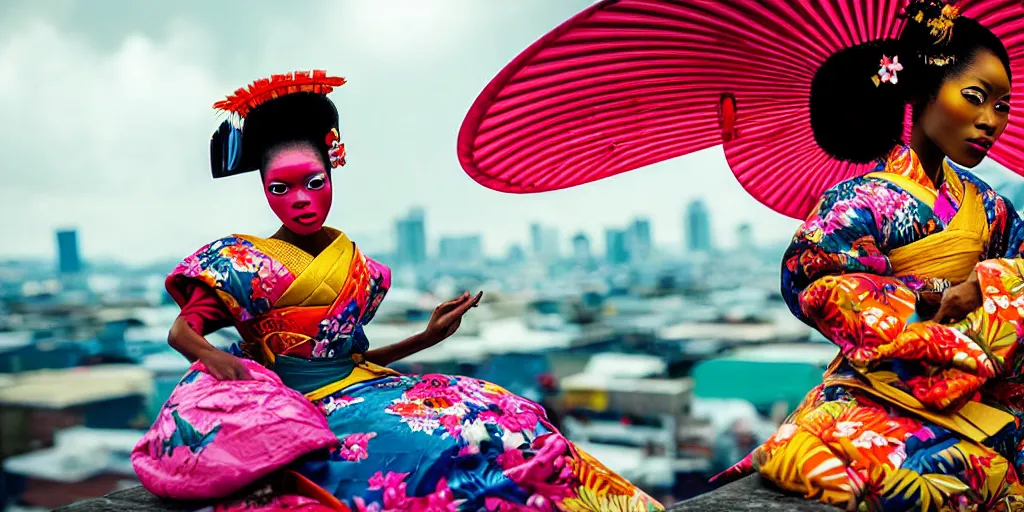 Prompt: movie portrait closeup a beautiful colorful fashion icon jamaican geisha woman is sitting on the top of a roof. beautiful natural skin, the amazing floating neoclassical tropical city, fantasy, steampunk, intricate, amazing composition, gloomy by emmanuel lubezki