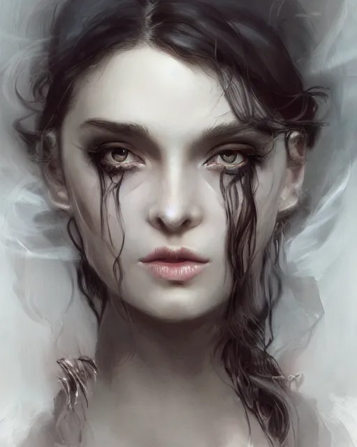 Prompt: portrait of demon girl, dreamy and ethereal, expressive pose, big black eyes, exciting expression, fantasy, intricate, elegant, dark and moody smoke, highly detailed, digital painting, artstation, concept art, smooth, sharp focus, illustration, art by artgerm and greg rutkowski and ( alphonse mucha ) alex flores