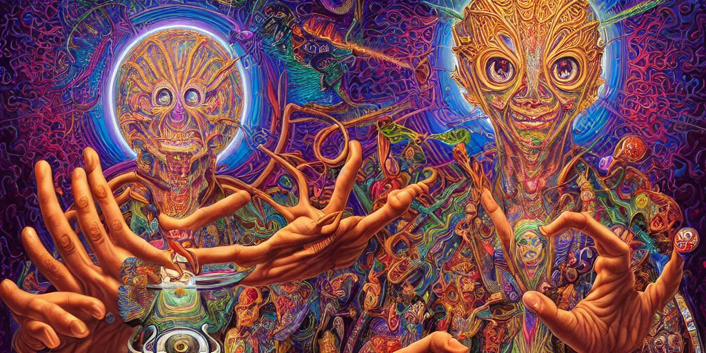 Image similar to hyper detailed portrait of a dmt time elf greeting a psychonaught, cathedral background, masterpiece composition, 8 k resolution, ultra fine illustration, alex grey, todd schorr, casey weldon, tokio aoyama, highly detailed,