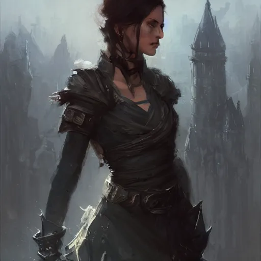 Prompt: portrait of a rogue, dungeons and dragons character, castle background, gorgeous view, realistic, high detail, digital art, painted by greg rutkowski, painted by jeremy mann, trending on artstation