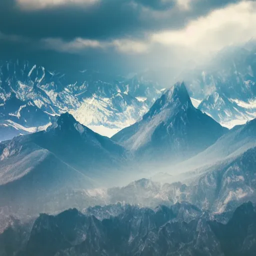 Image similar to mountains made of ligh under a bright cloudy sky, grainy photograph