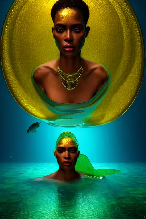 Image similar to hyperrealistic precisionist cinematic underwater scene with fish and algae, very expressive! translucent elegant african goddess, full body, gold jewerly, highly detailed face, digital art masterpiece, aykut aydogdu zener, dramatic volumetric light, long shot, low angle uhd 8 k, sharp focus