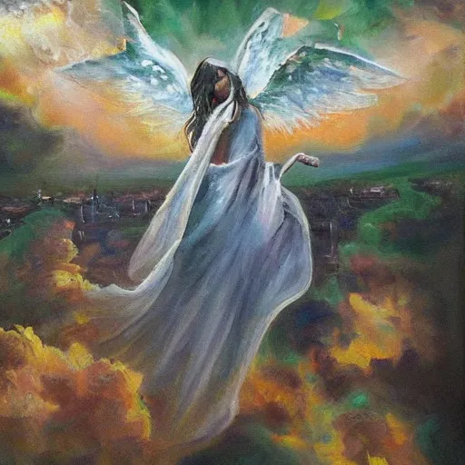 Image similar to beautiful oil painting of biblically accurate angel, night sky clouds, green lightning, above city, high detail, trending on art station