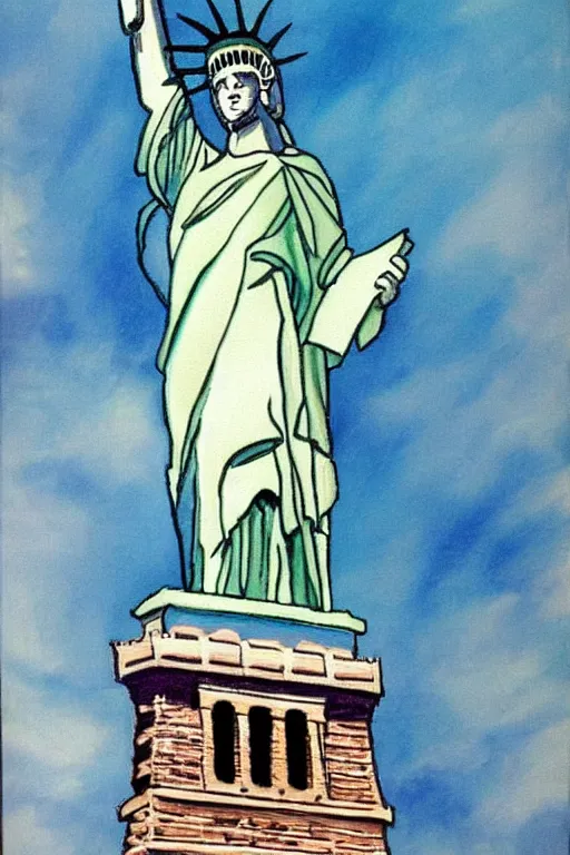 Image similar to bob ross painting of new york statue of liberty