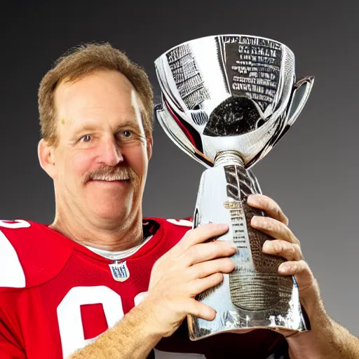 Image similar to portrait of Chuck Clark holding the Lombardi Trophy, extremely detailed, detailed and realistic face, photo realistic, 8k