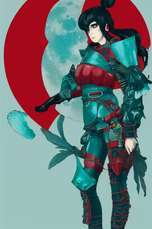 Image similar to female adventurer in tight full - body teal leather armor of japanese design with red accents and a white porcelain crow mask, trending in artstation, japanese, artstation, big moon in the background, establishing shot