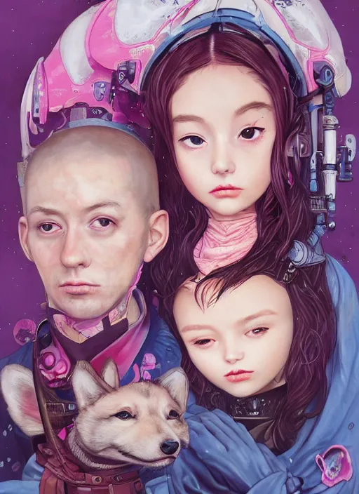 Prompt: beautiful portrait painting of a cute lofi cyberpunk princess girl and her corgi assassin king, by Afarin Sajedi, Alessandro Barbucci, Alex Gross, Shin Jeongho, Shohei Otomo, Josan Gonzalez, Kieron Gillen. trending on Artstation, 8k, masterpiece, face enhance, graffiti paint, fine detail, full of color, intricate detail, golden ratio illustration