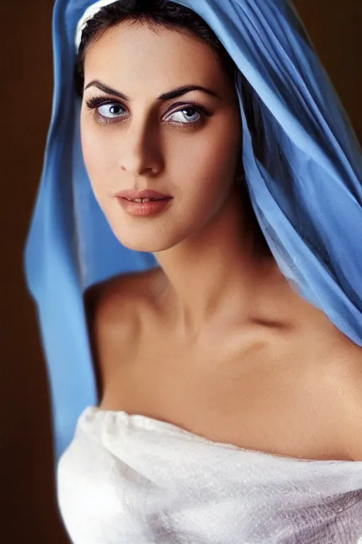 Image similar to young Monica Belluci as an Arab woman, tanned skintone, bright blue eyes, white veil, model face, light blue decent dress, closeup portrait, focus