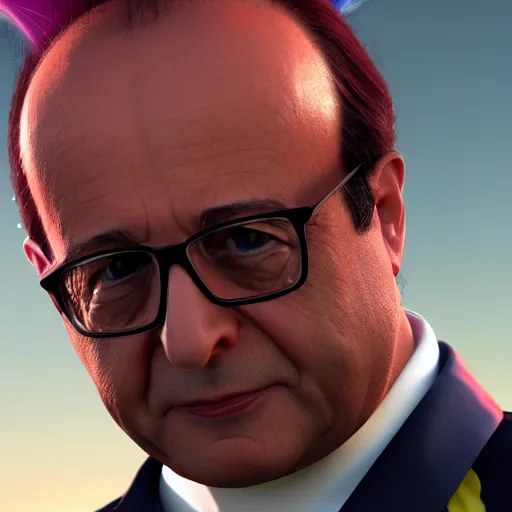 Image similar to François hollande with super saiyan hair charging up for a kamehameha, artstation, octane render, highly detailed