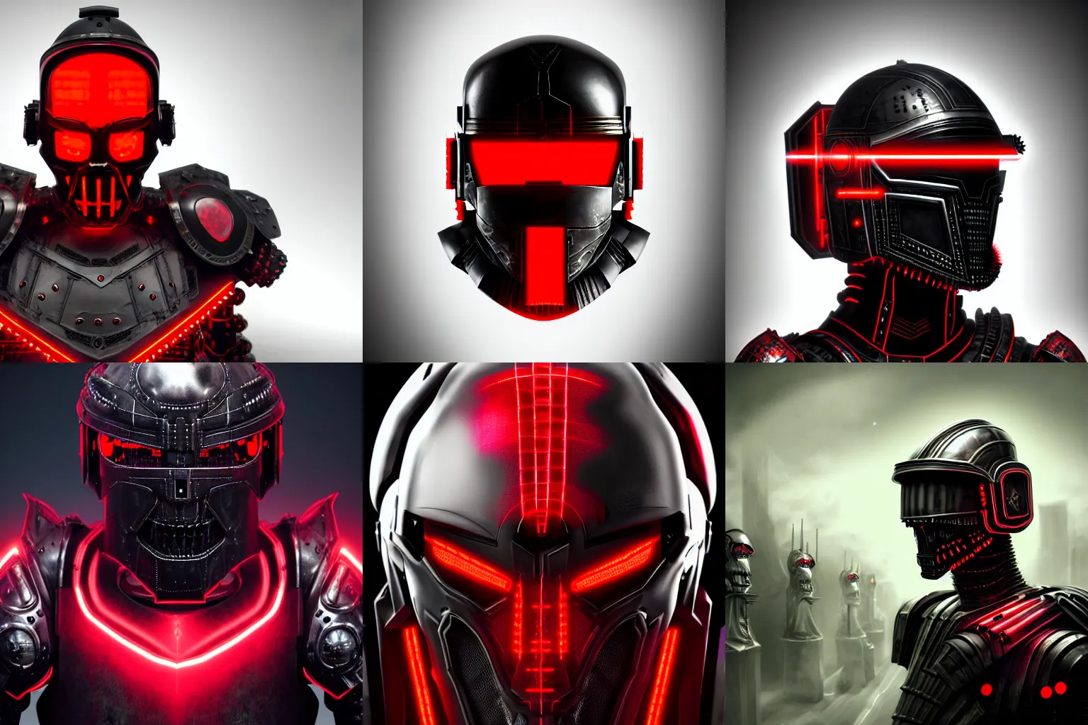 Prompt: terrifying ominous evil resonant genetically augmented high tech armored imperial roman helm in black and red, full borg hyper detailed, third eye glass bubble on the forehead, high octane cybernetics, featured on cgsociety, ultra 4 k concept turnaround