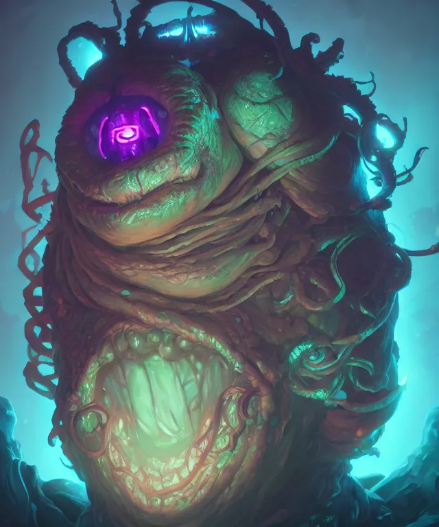 Image similar to a xanathar made of bioluminescence slimy skin, fantasy, elegant, crisp 8 k line art, digital painting, artstation, unreal engine, octane render, emissive lighting, concept art, matte, sharp focus, hyper realistic lighting, illustration, art by josan gonzalez