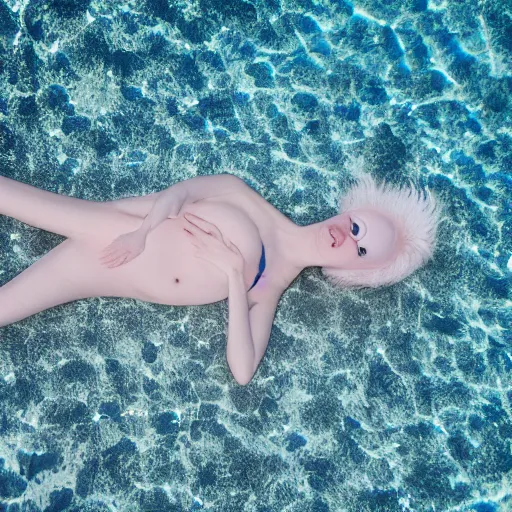 Prompt: cinematic photo of a beautiful albino axolotl woman lit with saturated split colour blue and dusty pink lighting sunbathing by the pool