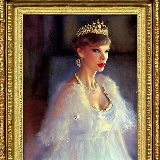 Image similar to Taylor Swift at the Russian ball, ballerina, 1950s, modest, elegant clothing, tiara, mild impressionism, award winning, photorealistic, by Ilya Repin