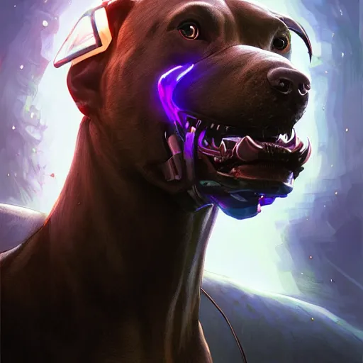 Image similar to an amazing portrait of a cute mad cyborg pitbull. intricate, epic lighting, cinematic composition, hyper realistic, 8 k resolution, unreal engine 5, by artgerm, tooth wu, dan mumford, beeple, wlop, rossdraws, james jean, marc simonetti, artstation