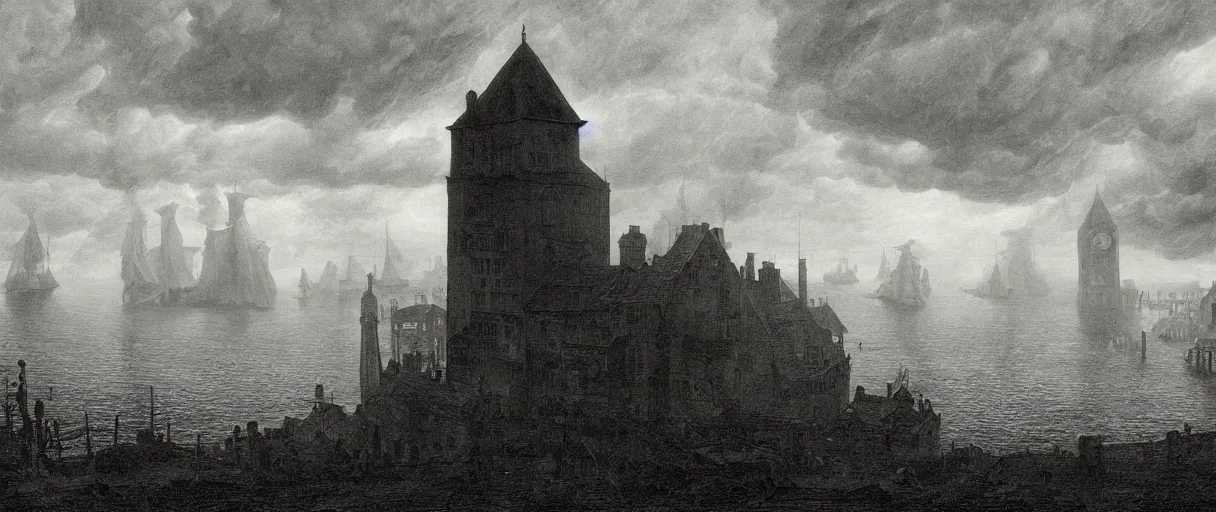 Image similar to an engraving of the shadow over innsmouth, lovecraftian atmosphere, caspar david friedrich, foggy, depth, strong shadows, stormclouds, illuminated focal point, highly detailed