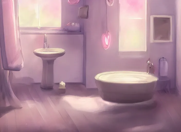 Image similar to placid pastel morning cute cluttered painterly fluffy tiny cramped bathroom trending on pixiv