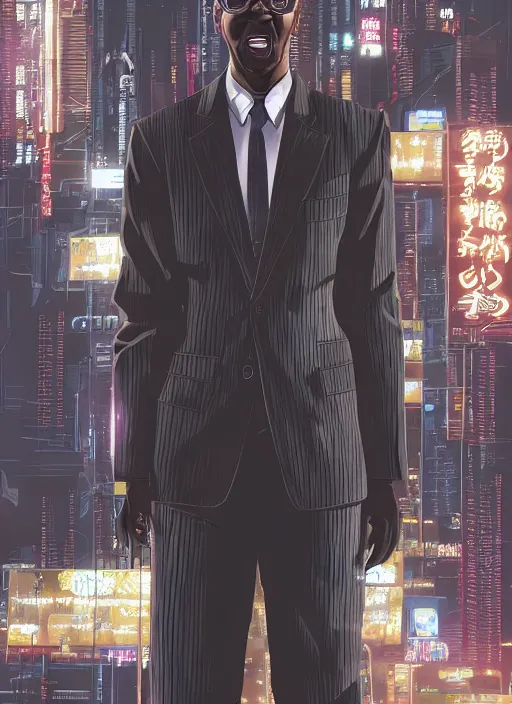 Prompt: manga cover, bald african-american man sticking out his tongue, large tongue, business suit intricate cyberpunk city, emotional lighting, character illustration by tatsuki fujimoto