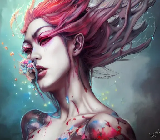 Image similar to a Demon Slayer FAN art portrait of Daki ,by Stanely Artgerm,Tom Bagshaw,arthur adams,Carne Griffiths,trending on DeviantArt,street art,face enhance,chillwave,maximalist,full of color,glittering