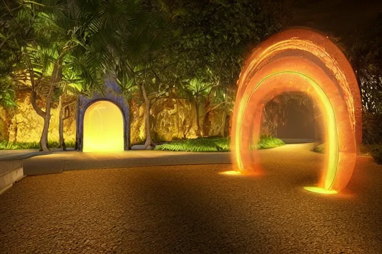 Image similar to a magical glowing portal in the middle of a city that leads to a beach, through the portal you can see a beach, realistic