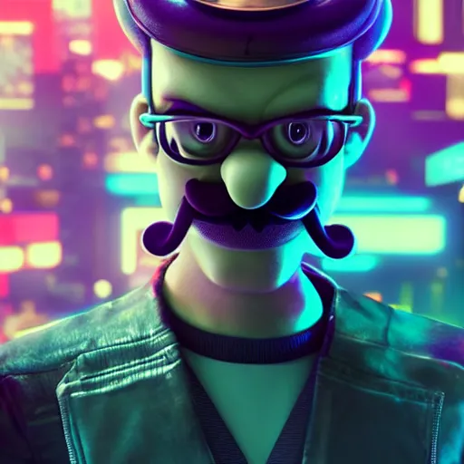 Image similar to dramatic cyberpunk waluigi portrait film still from the movie directed by Denis Villeneuve 8k high def realistic photo