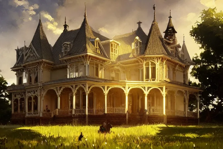 Prompt: an ornate victorian house, party inside, scene in an open field. 1 8 9 0, key visual, conceptart, ambient lighting, highly detailed, digital painting, artstation, concept art, sharp focus, by makoto shinkai and akihiko yoshida and greg manchess