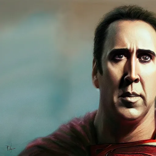 Image similar to Portrait of Nicolas Cage as superman, DC, dark fantasy, intricate, smooth, artstation, painted by Wayne Barlowe, Greg Rutkowski, Zdislav Beksinski