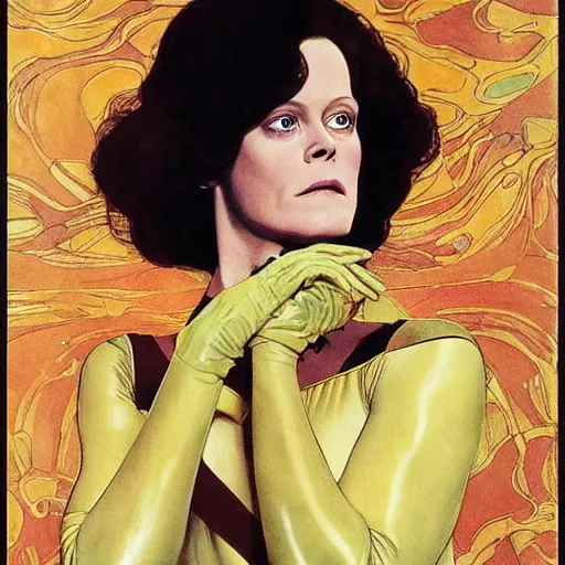 Prompt: portrait by joshua middleton of the young actress, sigourney weaver as ming the merciless, archenemy of flash gordon, saviour of the universe, klimt, mucha, 1 9 7 0 s poster,