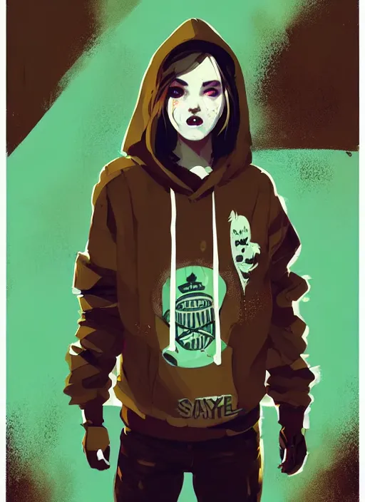 Image similar to highly detailed portrait of a sewer style seattle student, tartan hoody, by atey ghailan, by greg rutkowski, by greg tocchini, by james gilleard, by joe fenton, by kaethe butcher, gradient green, brown, blonde crea, orange, brown and white color scheme, grunge aesthetic!!! ( ( graffiti tag wall background ) )