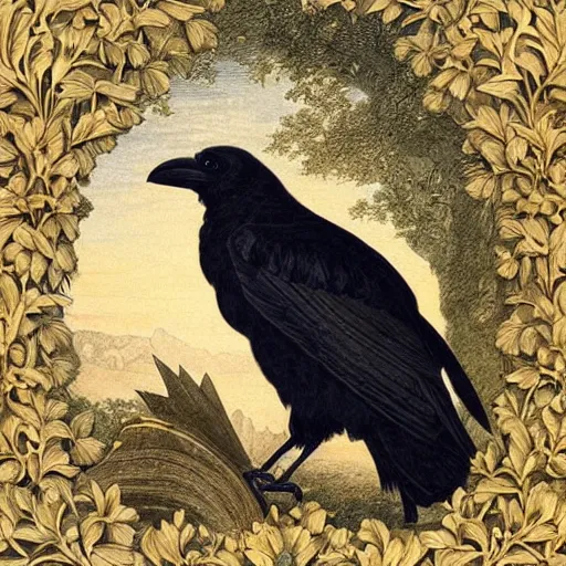 Image similar to beautifully detailed animal portrait of a detailed raven looking at a book laid out on a golden silk cloth, in a serene beautiful stone arched garden at beautiful sunrise by john james audubon and sidney cooper and frederic leighton and rosetti and william morris, 4 k, artstation