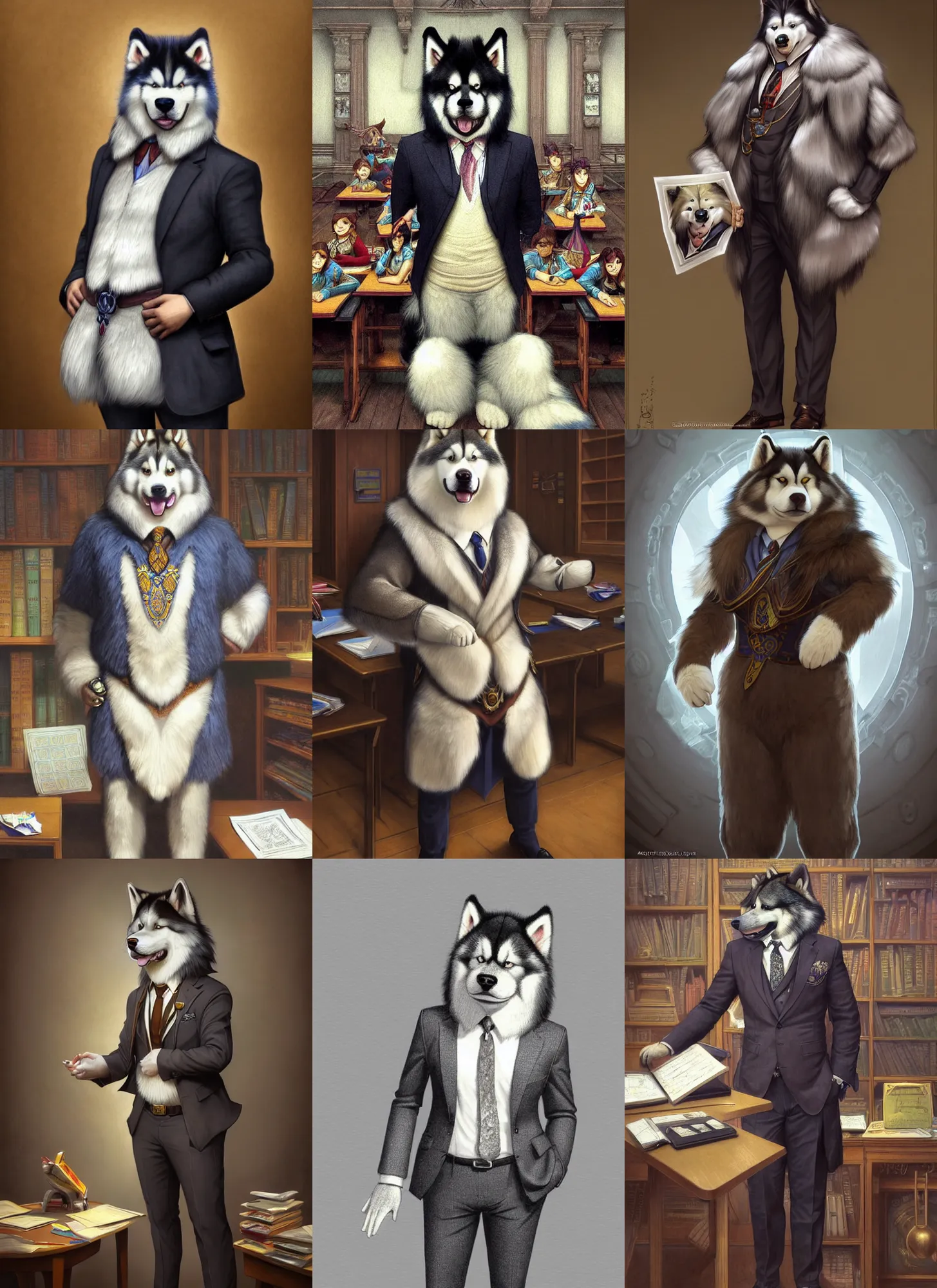 Prompt: full body photograph of a male anthropomorphic alskan malamute fursona wearing a nice suit in a school classroom, deep focus, intricate, elegant, highly detailed, digital painting, artstation, concept art, matte, sharp focus, illustration, d & d, fantasy, hearthstone, art by artgerm and greg rutkowski and alphonse mucha