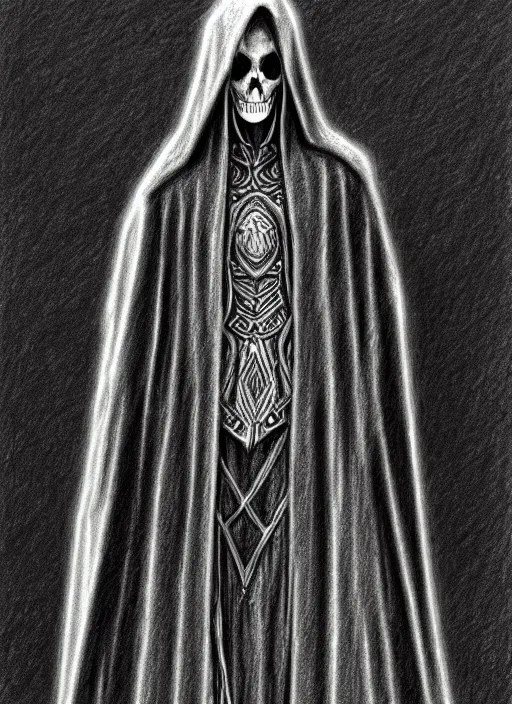 Image similar to pencil ultradetailed sketch of the necromancer, wearing a black cloak, crisp