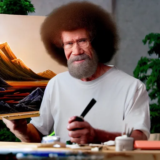 Image similar to a closeup photorealistic photograph of bob ross working on a canvas painting of darth vader. film still. brightly lit scene. mountains and trees. this 4 k hd image is trending on artstation, featured on behance, well - rendered, extra crisp, features intricate detail, epic composition and the style of unreal engine.