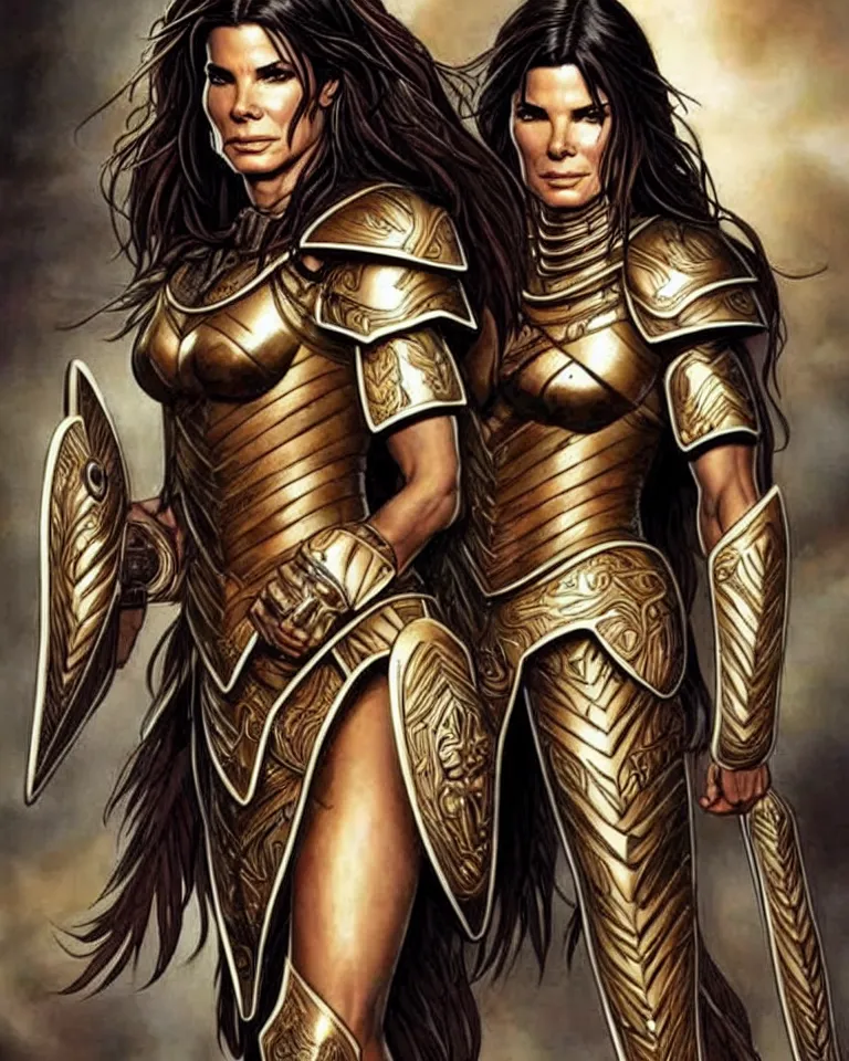 Image similar to a young sandra bullock as an amazon warrior, tall and beautiful with brown skin and long hair, dressed in hellenistic body armor, intricate, elegant, highly detailed, smooth, sharp focus, detailed face, art by ardian syaf